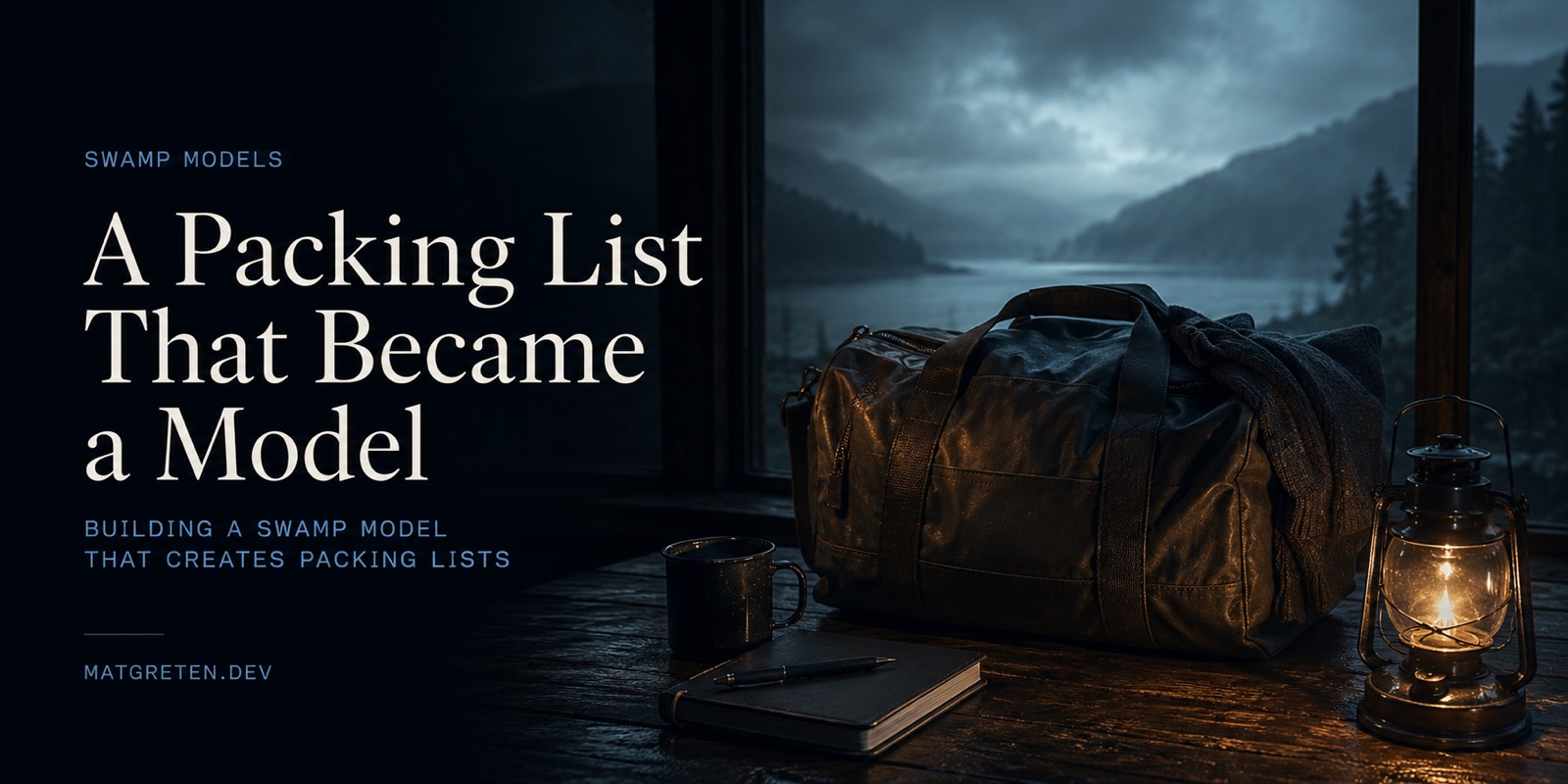 A canvas duffel bag on a wooden windowsill beside a lantern, notebook, and mug, overlooking misty mountains and a lake, evoking a packing list turned into a reusable Swamp model