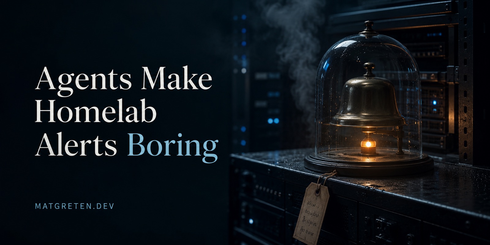 A muted bronze alarm bell glowing softly amber, sealed under a glass dome on a dark server rack with faint blue status lights and rising steam. A small handwritten tag hangs from the dome's base. Title text: Agents Make Homelab Alerts Boring. Site identifier: MATGRETEN.DEV.