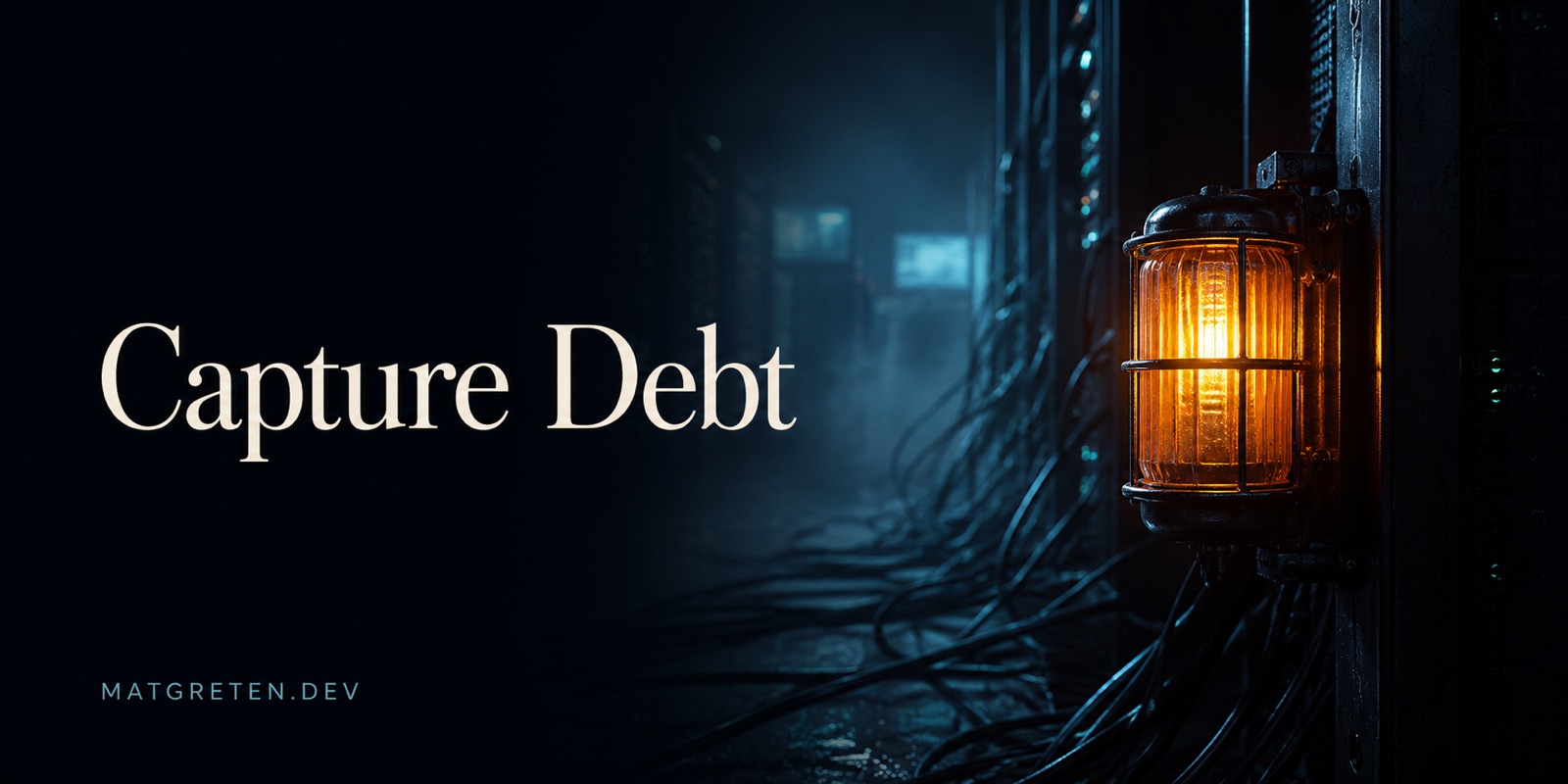 A glowing amber caged lantern mounted on a server-rack wall in a dark, foggy data-center corridor, wires trailing below it. Title text: Capture Debt. Site identifier: MATGRETEN.DEV.
