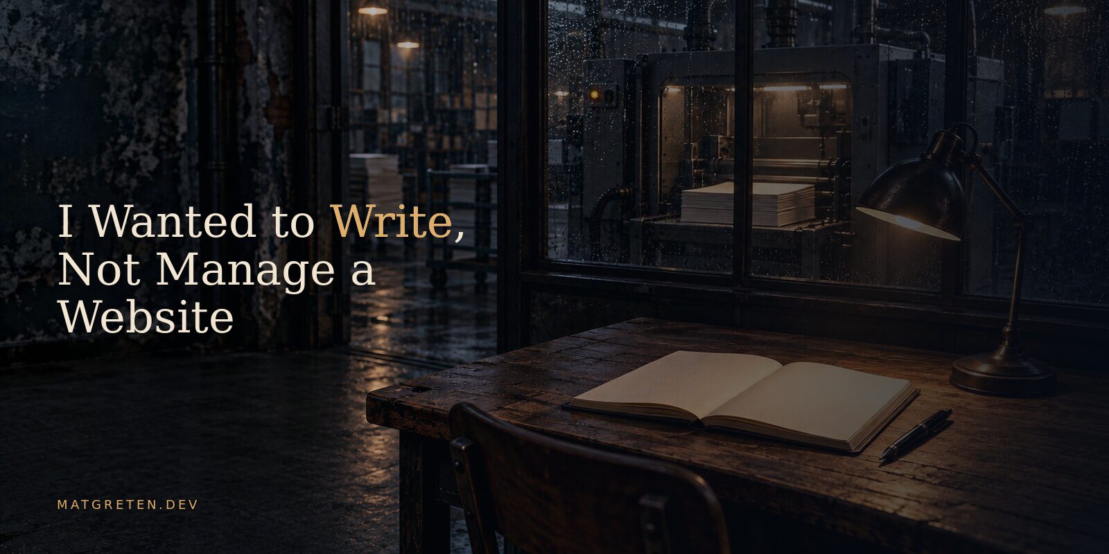 An open notebook and fountain pen under an amber desk lamp, with a paper-finishing machine behind rain-speckled glass.