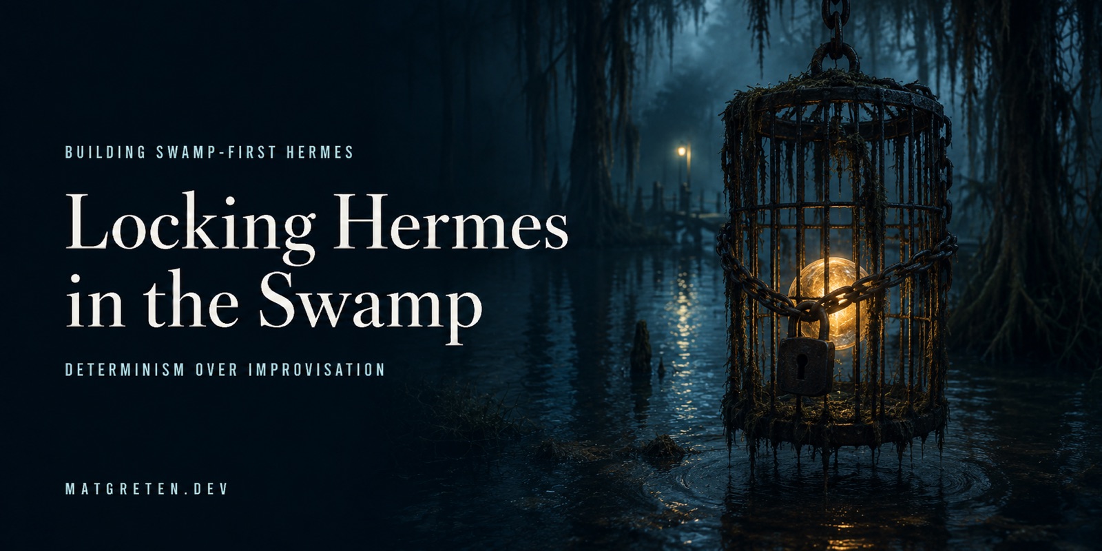 A dark nighttime swamp with a chained and padlocked metal cage hanging above the water around a glowing amber light. Text reads: Building Swamp-First Hermes; Locking Hermes in the Swamp; Determinism Over Improvisation; and MATGRETEN.DEV.