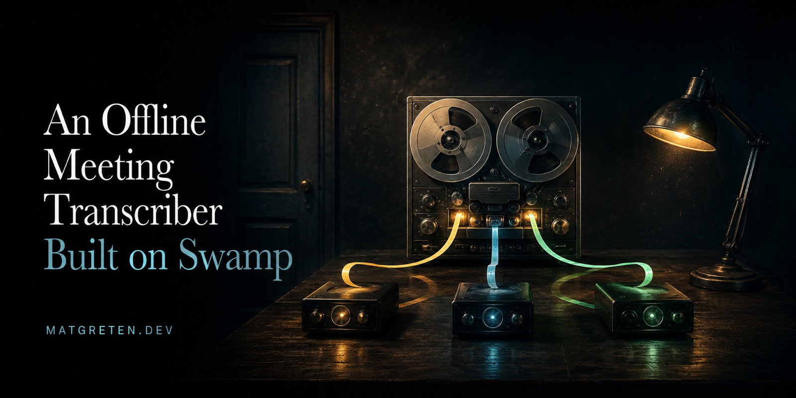 A vintage reel-to-reel recorder glows on a dark desk, three colored ribbons of light (amber, blue, green) branching from it to three small separate devices, a closed door and desk lamp in the background. Title text: An Offline Meeting Transcriber Built on Swamp. Site identifier: MATGRETEN.DEV.