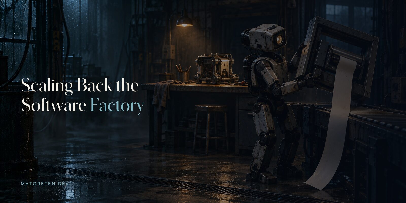 A robot lifts a steel inspection gate with a long blank receipt beside a conveyor in a damp workshop; a small unfinished machine rests on the workbench.