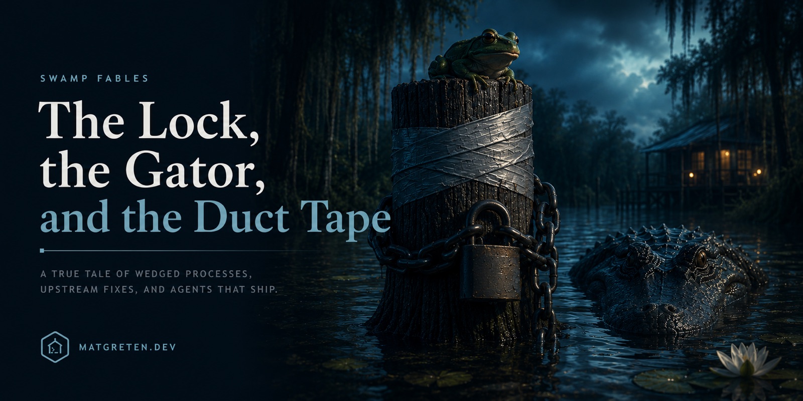 Swamp Fables: The Lock, the Gator, and the Duct Tape — a frog sits on a duct-taped, chained, and padlocked piling in a dark swamp while a gator lurks in the water nearby