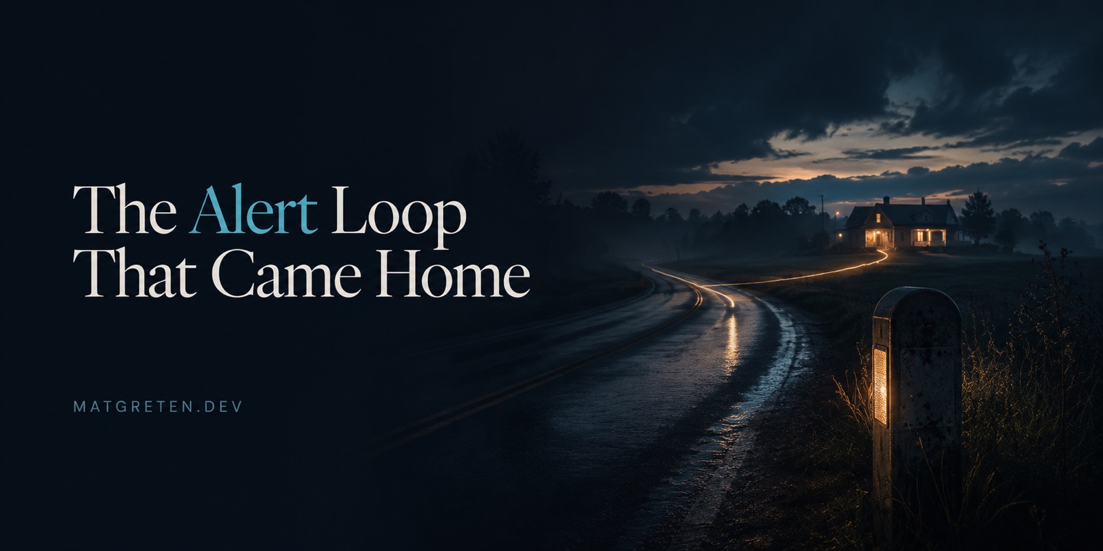 A misty two-lane road glows with wet reflected light, leading past a lit mile marker toward a warmly lit farmhouse at dusk. Title text: The Alert Loop That Came Home. Site identifier: MATGRETEN.DEV.
