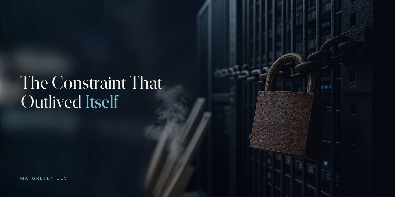 A rusted padlock with a brass shackle fastened through the bars of a server rack gate, with dismantled fence panels and drifting vapor visible in the blurred background.