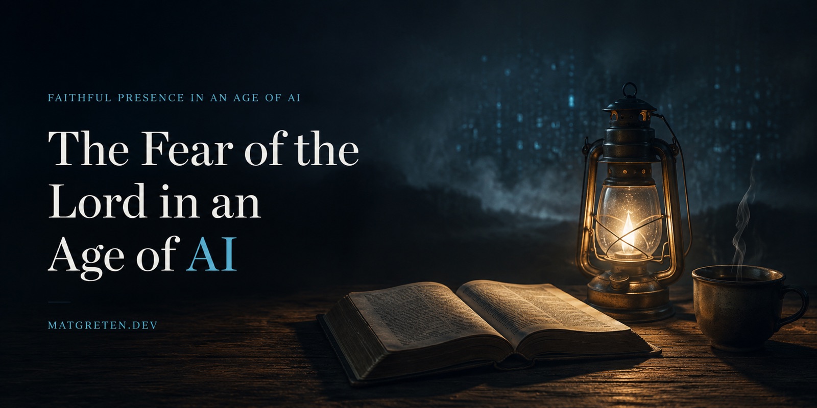 A lit brass lantern and a steaming cup sit beside an open weathered book on a wooden table, with a faint field of digital light receding into a dark, foggy background. Series label: Faithful Presence in an Age of AI. Title text: The Fear of the Lord in an Age of AI, with AI in cyan. Site identifier: MATGRETEN.DEV.
