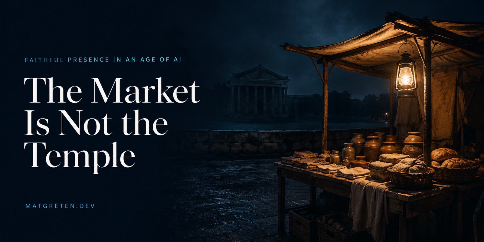 A warmly lit market stall with jars, cloth, and bread sits under a lantern at night, a dark, closed temple standing apart across a stone square in the background. Series label: Faithful Presence in an Age of AI. Title text: The Market Is Not the Temple. Site identifier: MATGRETEN.DEV.
