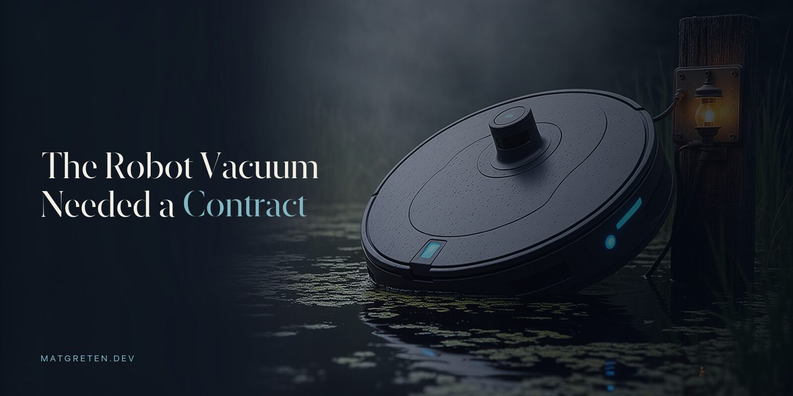 A rain-soaked robot vacuum leans out of dark swamp water through reeds and duckweed, its cyan status lights glowing beneath an amber work lamp on a weathered timber post.