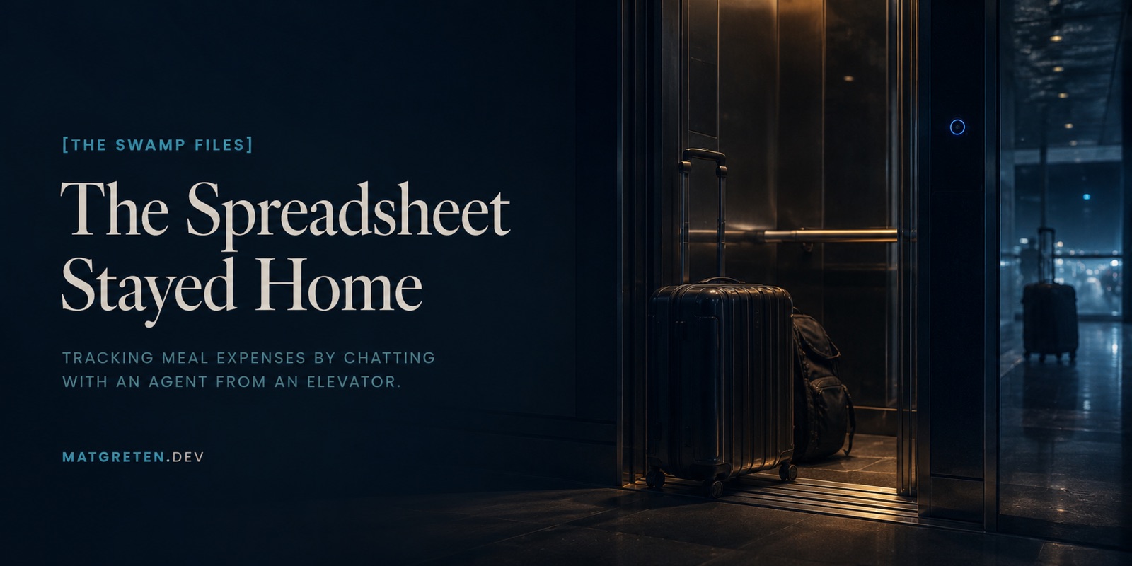 An open elevator with a rolling suitcase and backpack inside, doors opening onto a rainy night cityscape, evoking tracking meal expenses on a work trip through a conversational agent