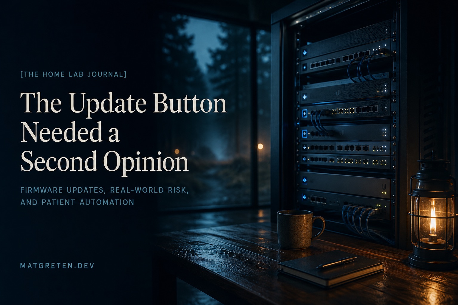 A dark home-lab rack of UniFi networking gear beside a rain-streaked window at night, with a lantern, coffee mug, and notebook on a wooden desk in the foreground; text reads 'The Update Button Needed a Second Opinion — Firmware updates, real-world risk, and patient automation.'