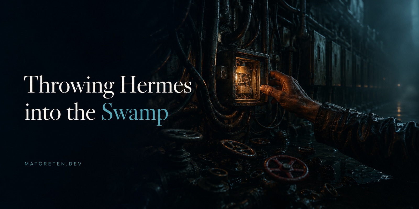 A hand reaches into a dense wall of pipes and valves to open a small glowing junction box, its light spilling onto wet metal and scattered valve wheels below. Title text: Throwing Hermes into the Swamp, with Swamp in cyan. Site identifier: MATGRETEN.DEV.
