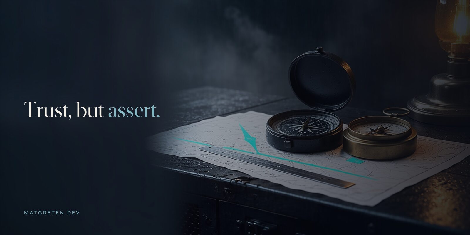 Two weathered navigation compasses independently align to the same bearing on a rain-soaked topographic map, illuminated by an amber work lamp and a restrained cyan route marker.