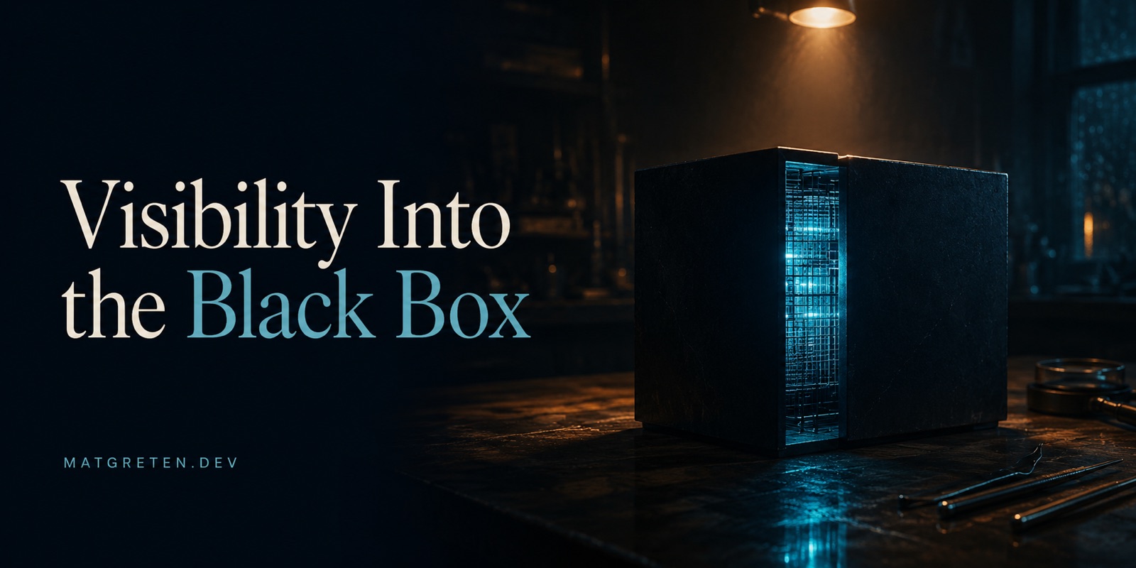 A dark matte cube on a workbench has one panel cracked open, revealing glowing blue circuit-lattice patterns inside, lit by a hanging work lamp with tools nearby. Title text: Visibility Into the Black Box, with Black Box in cyan. Site identifier: MATGRETEN.DEV.