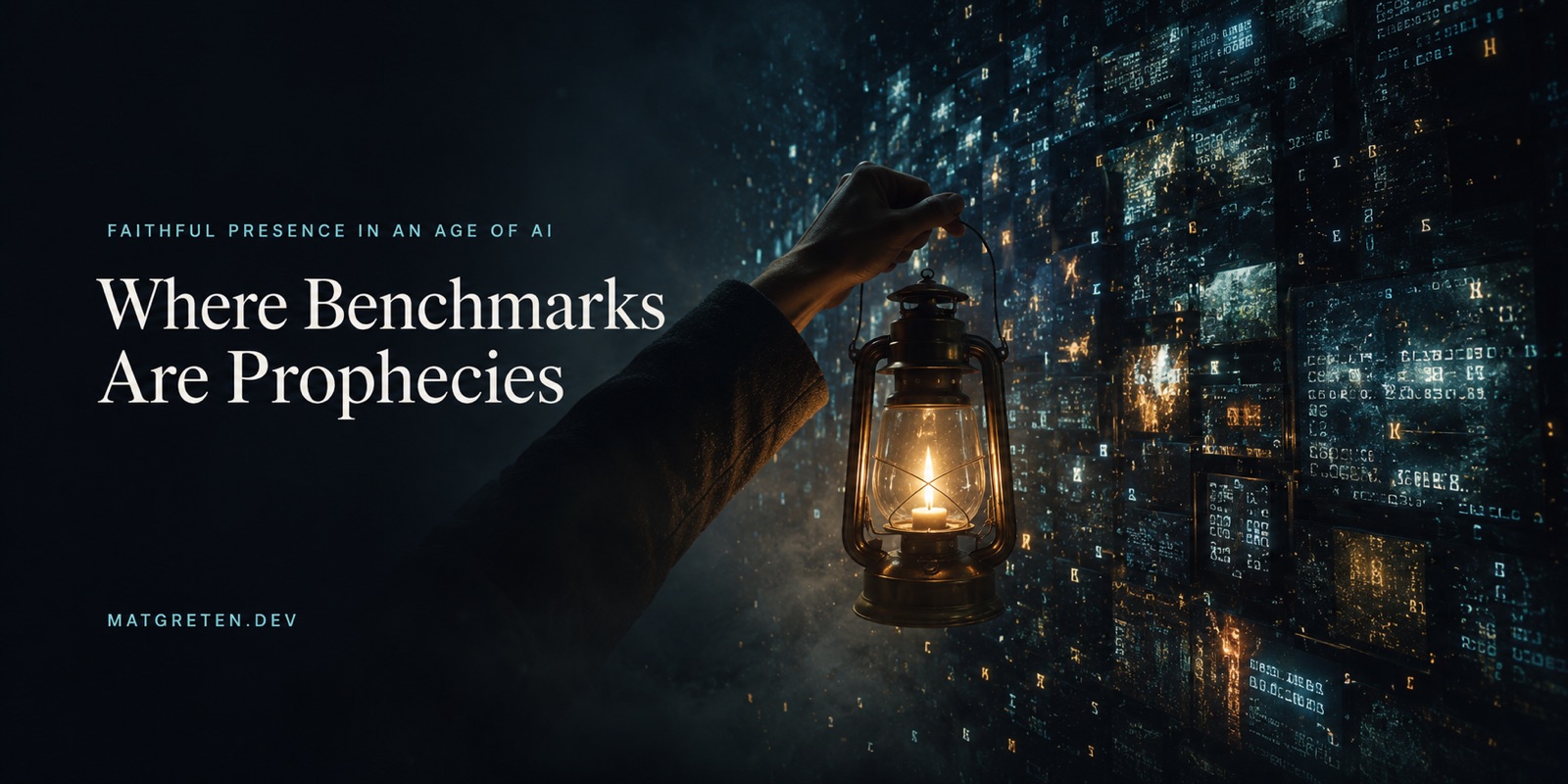 A hand holds a lit brass lantern up before a vast wall of dim, flickering screen-like panels covered in scrolling glyphs and symbols, the lantern's flame burning steady. Series label: Faithful Presence in an Age of AI. Title text: Where Benchmarks Are Prophecies. Site identifier: MATGRETEN.DEV.