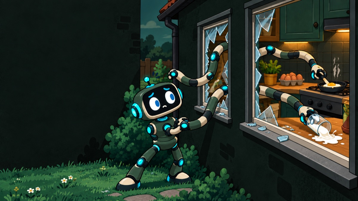 A long-armed robot outside a kitchen reaches through broken windows to fry an egg while spilling milk onto the counter.