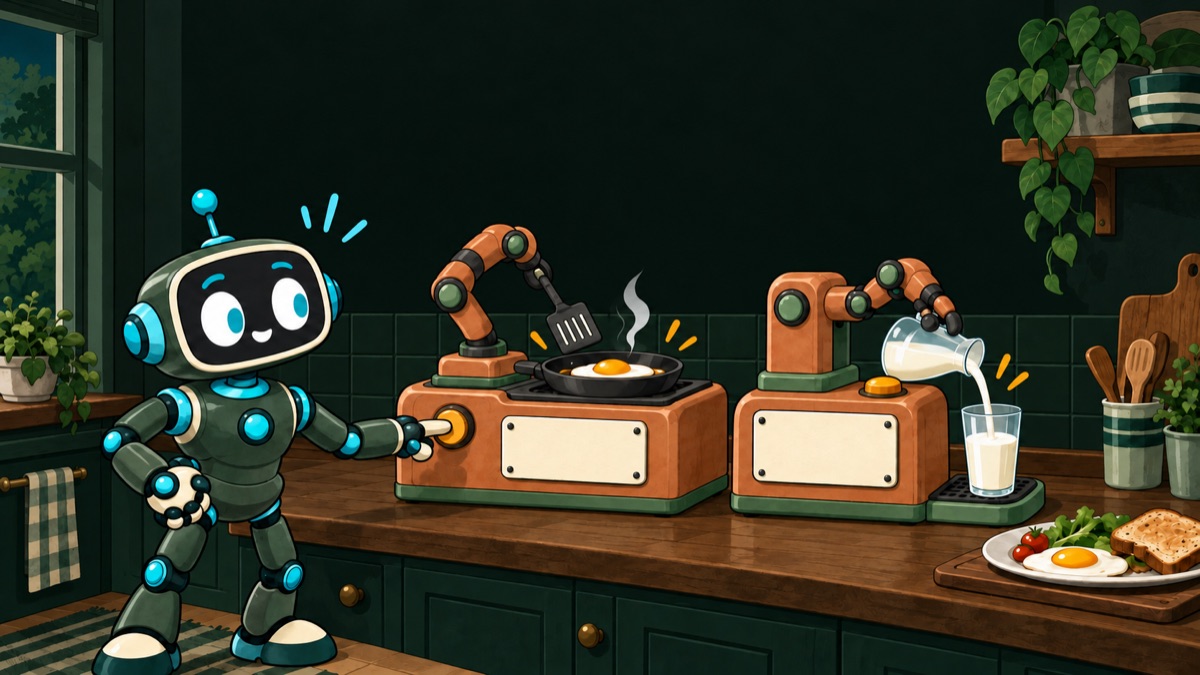 A robot presses a button on an orange machine whose mechanical arm cooks an egg, beside a separate button-operated machine pouring milk into a glass.